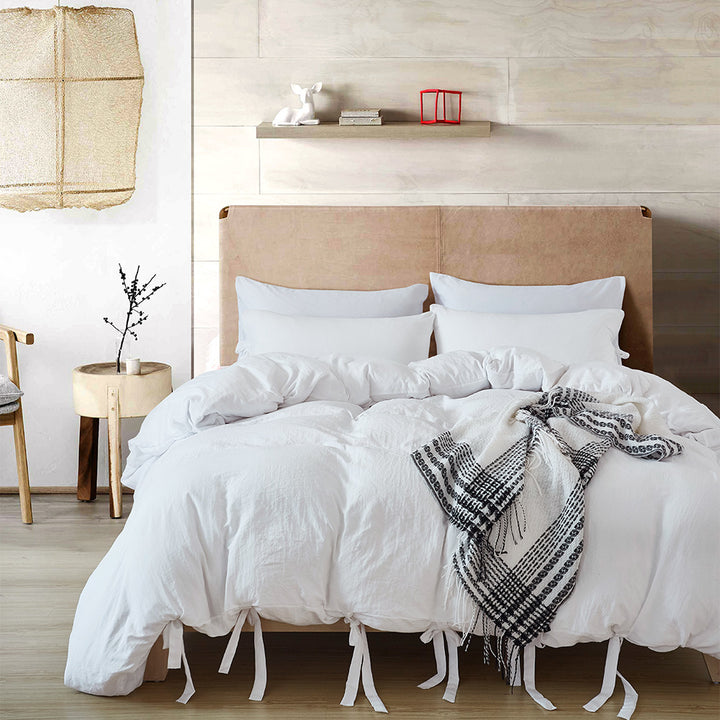Aerial view of the VibeCore Aesthetic Knot So Ordinary Duvet Cover Set in white, featuring a unique knot texture and soft, pastel color that adds a touch of modern charm and cozy elegance to your bedroom or dorm.

