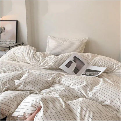 Aerial view of the VibeCore Aesthetic Modern Stripe Duvet Cover Set, showcasing its sleek, contemporary striped design and soft, breathable fabric. A chic and cozy addition to any bedroom or dorm, offering a perfect blend of modern style and comfort.