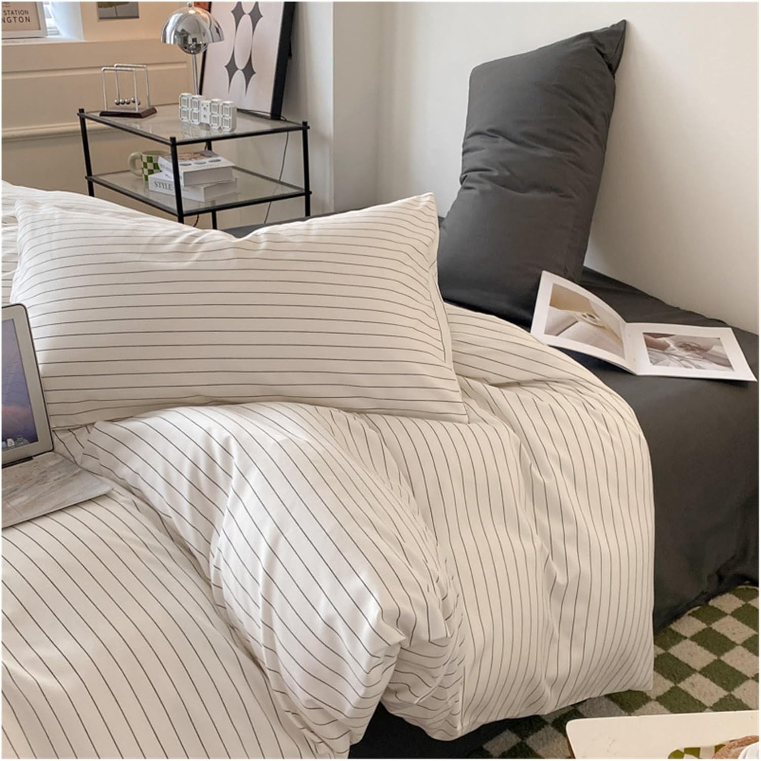 Close-up of the pillowcase from the VibeCore Aesthetic Modern Stripe Duvet Cover Set, highlighting the sleek striped design and soft, breathable fabric. A chic and comfortable accent that complements the modern aesthetic of any bedroom or dorm.