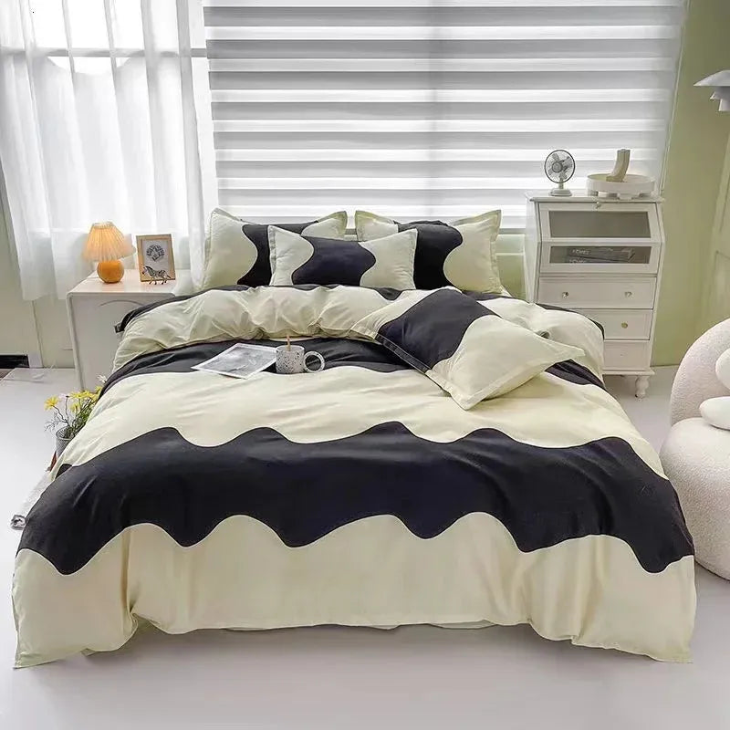 Full aerial view of the VibeCore Aesthetic Monochrome Wave Duvet Cover Set, showcasing its striking black and white wave design, perfect for a chic, contemporary bedroom or dorm decor.