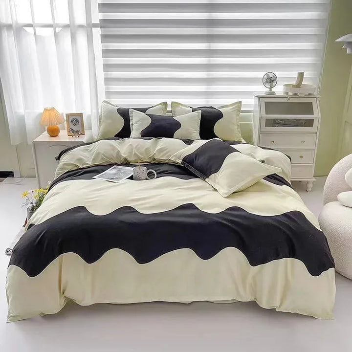 Full aerial view of the VibeCore Aesthetic Monochrome Wave Duvet Cover Set, showcasing its striking black and white wave design, perfect for a chic, contemporary bedroom or dorm decor.