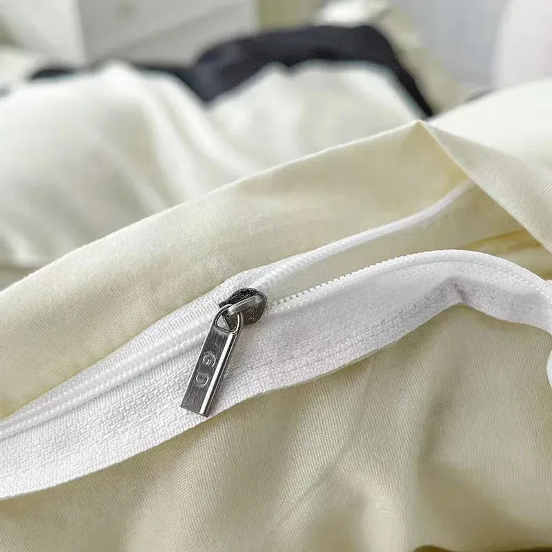 Close-up of the zipper detail on the VibeCore Aesthetic Monochrome Wave Duvet Cover Set, highlighting its sleek, durable zipper for easy use and a clean, modern look with a black and white wave design.