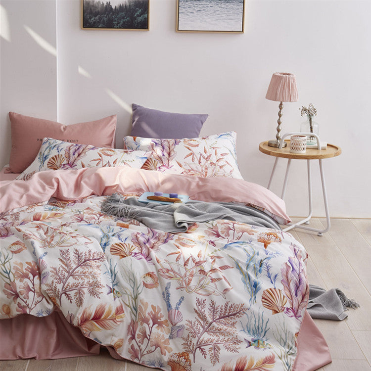 Aerial view of the VibeCore Aesthetic Ocean Serenity Duvet Cover Set, featuring a luxurious 100% Egyptian cotton fabric with a lustrous sateen finish. The rich, calming color and soft texture create a serene, hotel-quality sleep experience that elevates any bedroom or dorm.