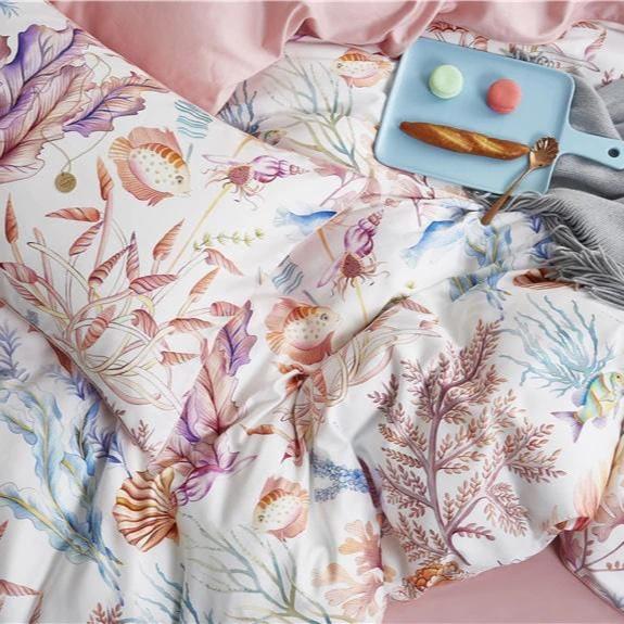 Close-up of the elegant pattern on the VibeCore Aesthetic Ocean Serenity Duvet Cover Set, showcasing the luxurious design with a rich, soothing color palette. The intricate details highlight the premium craftsmanship of the 100% Egyptian cotton material, adding a refined, tranquil touch to your bedroom or dorm decor.