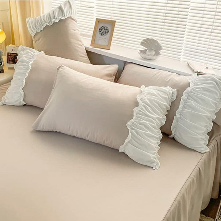 Close-up of the VibeCore Aesthetic Pastel Coquette Beige Pillowcase, showcasing its soft, breathable fabric and minimalist design, perfect for a cozy, stylish bedroom aesthetic.