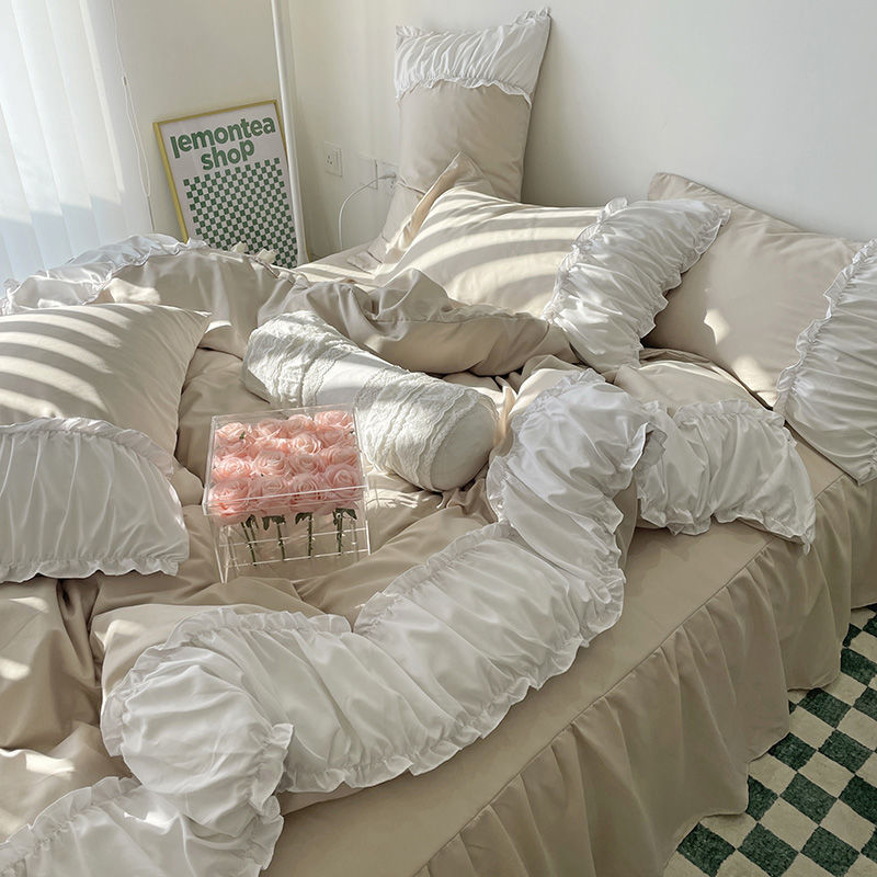 Right-side view of the VibeCore Aesthetic Pastel Coquette Duvet Cover Set in beige, displaying its smooth, cozy fabric and elegant design, ideal for a chic and comfortable bedroom look.