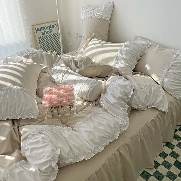 Right-side view of the VibeCore Aesthetic Pastel Coquette Duvet Cover Set in beige, displaying its smooth, cozy fabric and elegant design, ideal for a chic and comfortable bedroom look.