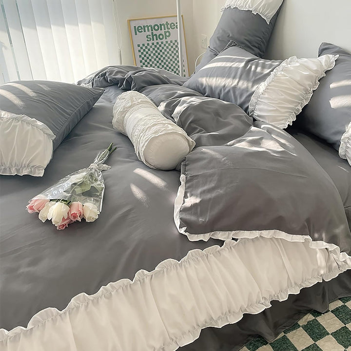 Right-side view of the VibeCore Aesthetic Pastel Coquette Duvet Cover Set in dark gray, displaying its smooth, cozy fabric and elegant design, ideal for a chic and comfortable bedroom look.