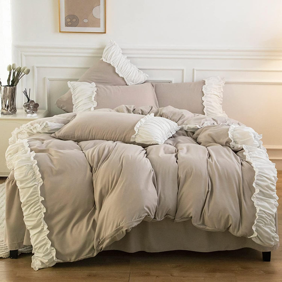 Aerial view of the VibeCore Aesthetic Pastel Coquette Duvet Cover Set in soft beige, featuring delicate details for a cozy and elegant bedroom aesthetic.
