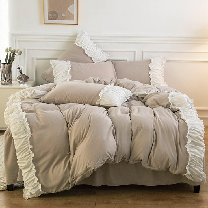 Aerial view of the VibeCore Aesthetic Pastel Coquette Duvet Cover Set in soft beige, featuring delicate details for a cozy and elegant bedroom aesthetic.
