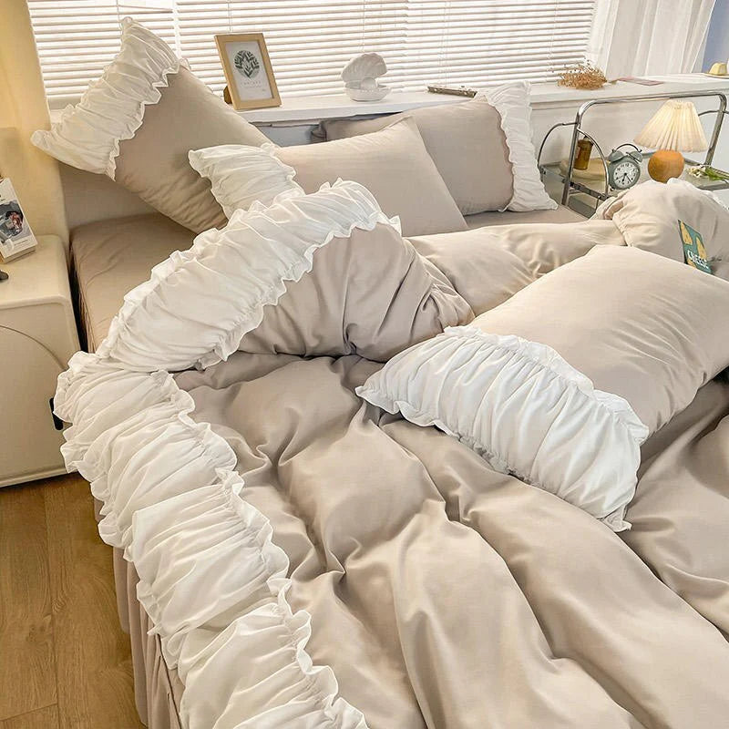 Front left view of the VibeCore Aesthetic Pastel Coquette Duvet Cover Set in beige, showcasing its soft texture and delicate coquette-inspired design for a charming bedroom aesthetic.