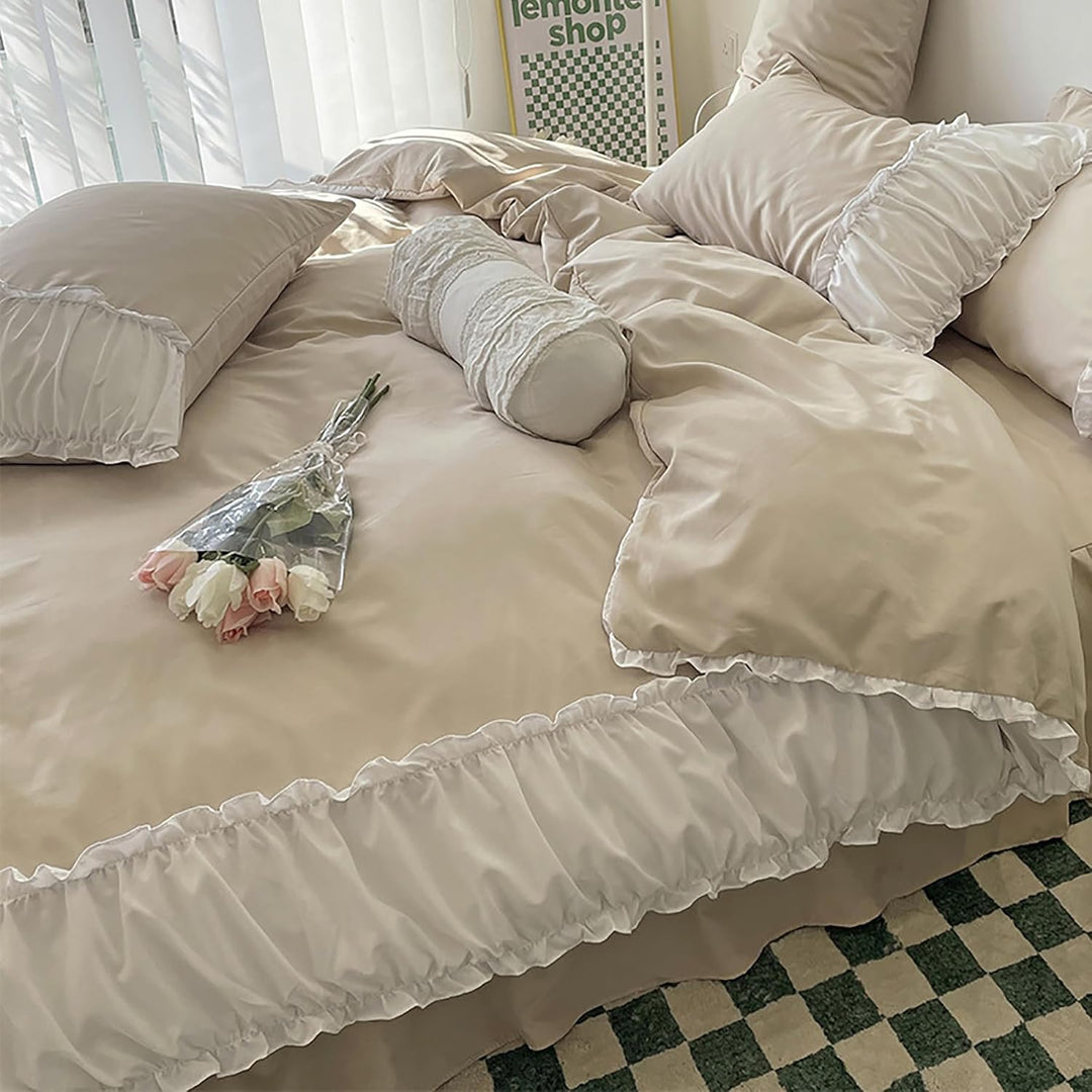 Side view of the VibeCore Aesthetic Pastel Coquette Duvet Cover Set in beige, featuring a soft, cozy texture and an elegant coquette style for a chic and dreamy bedroom look.