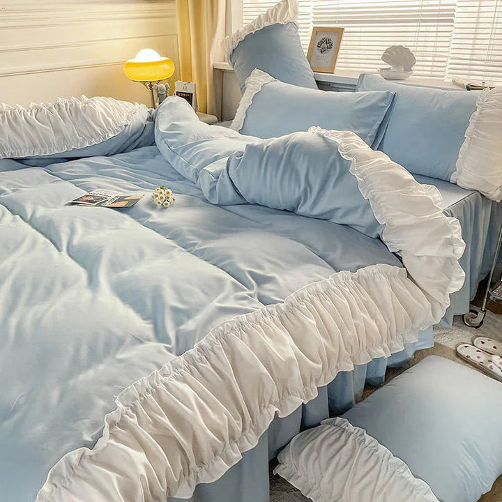 Right-side view of the VibeCore Aesthetic Pastel Coquette Duvet Cover Set in pastel blue, displaying its smooth, cozy fabric and elegant design, ideal for a chic and comfortable bedroom look.
