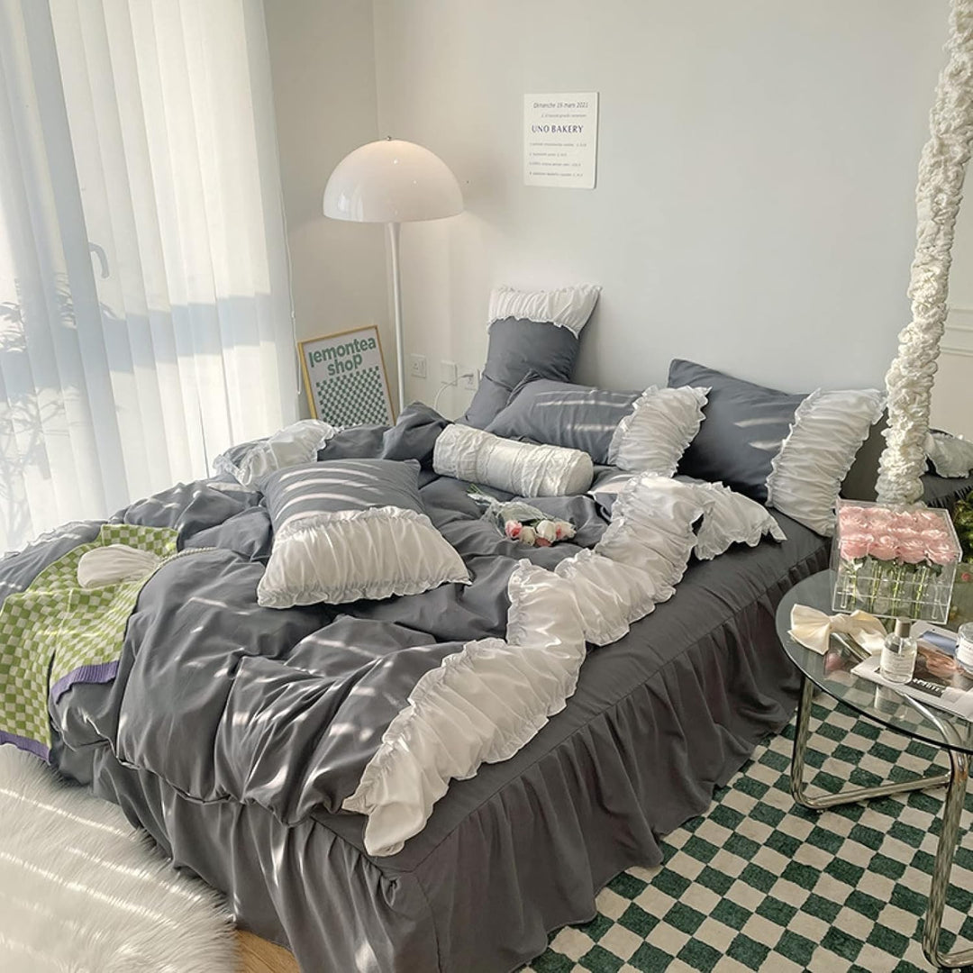 Aerial view of the VibeCore Aesthetic Pastel Coquette Duvet Cover Set in dark gray, featuring delicate details for a cozy and elegant bedroom aesthetic.

