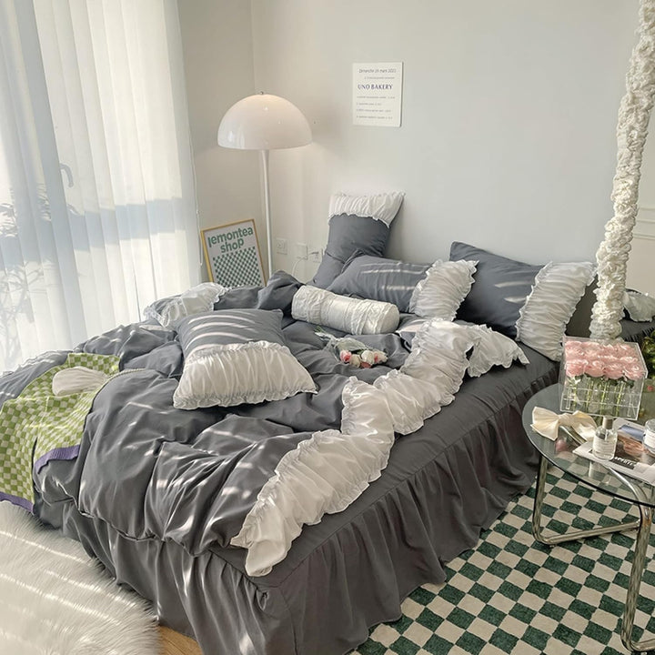 Aerial view of the VibeCore Aesthetic Pastel Coquette Duvet Cover Set in dark gray, featuring delicate details for a cozy and elegant bedroom aesthetic.
