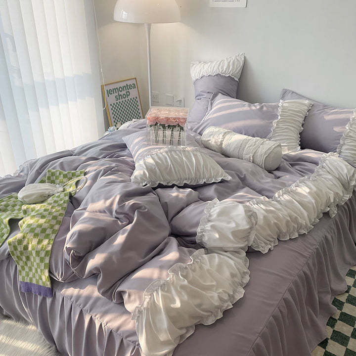 Aerial side view of the VibeCore Aesthetic Pastel Coquette Duvet Cover Set in soft pastel lilac, featuring a cozy and stylish design that adds a calming touch to any bedroom decor.