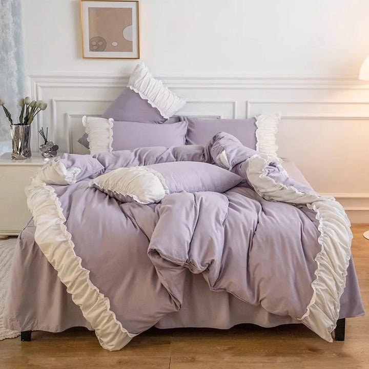 Aerial view of the VibeCore Aesthetic Pastel Coquette Duvet Cover Set in lilac, featuring delicate details for a cozy and elegant bedroom aesthetic.