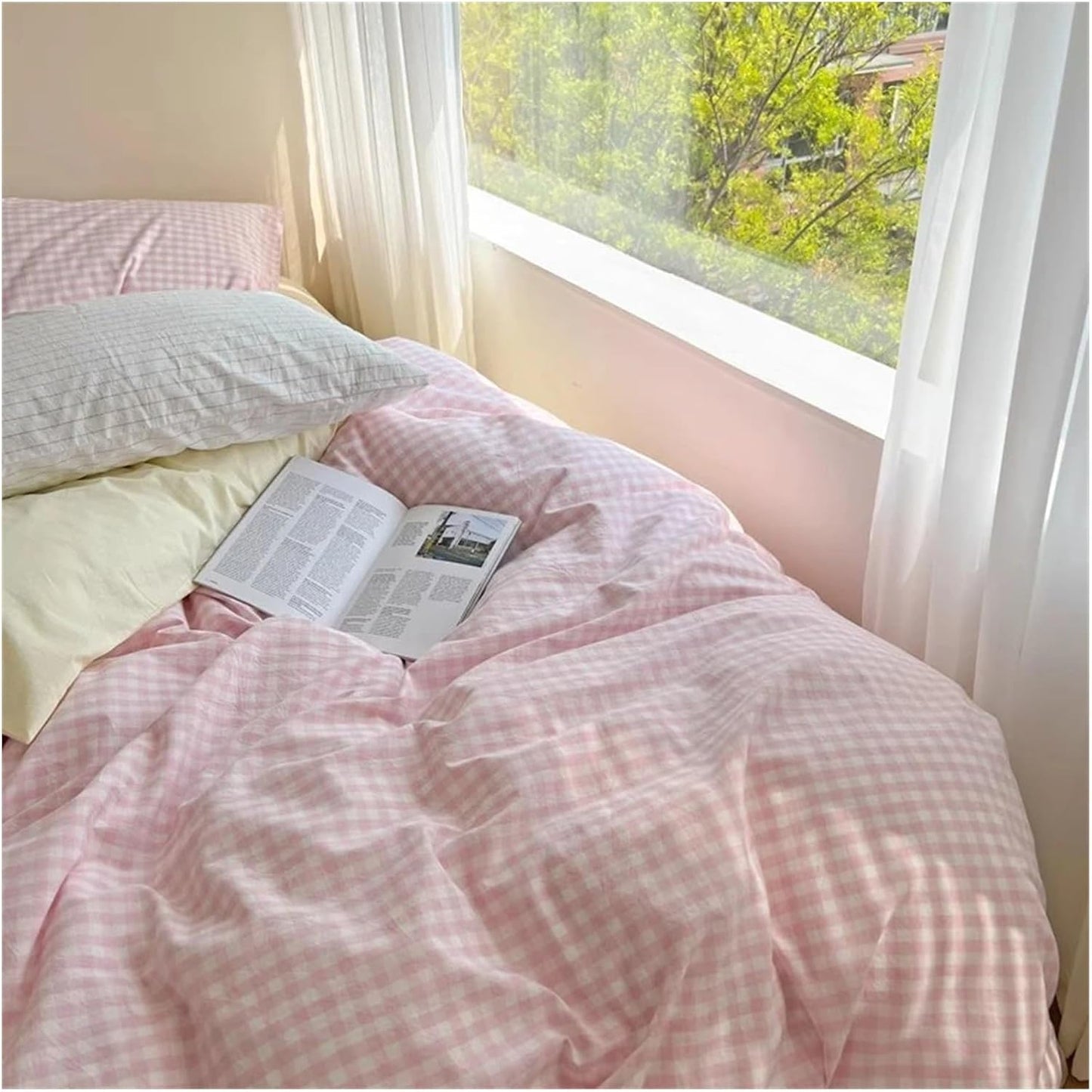 Close-up of the corner of the VibeCore Pastel Pink Plaid Bedding Set, highlighting the soft gingham pattern and cozy fabric texture.