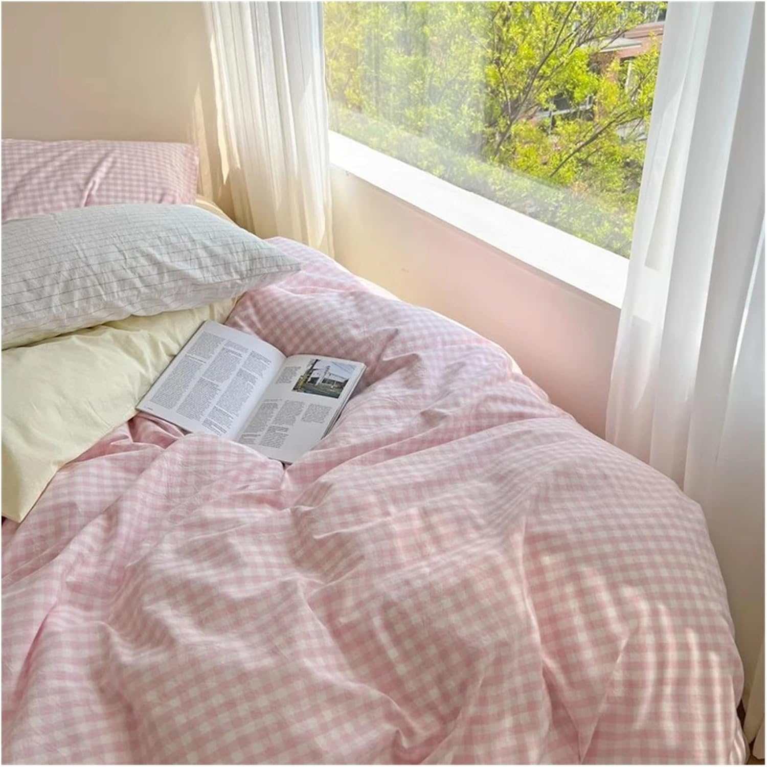 Close-up of the corner of the VibeCore Pastel Pink Plaid Bedding Set, highlighting the soft gingham pattern and cozy fabric texture.