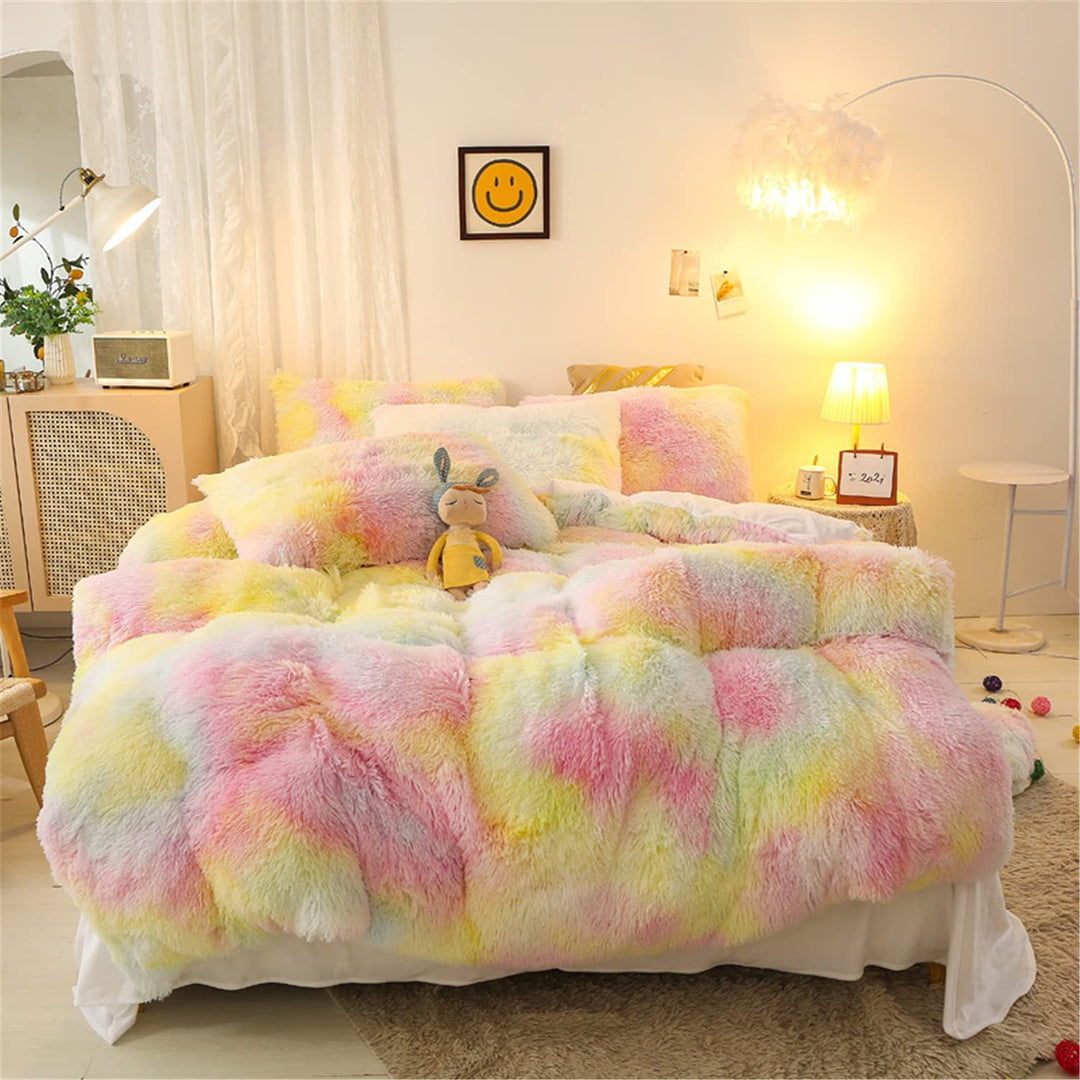 Aerial view of the VibeCore Rainbow Fluffy Bedding Set in a soft pink and yellow gradient Ice Cream color, featuring ultra-soft plush fabric that provides cozy warmth and comfort. The pastel Ice Cream color brings a soft, playful touch to your bedroom or dorm, creating a dreamy, relaxing atmosphere with vibrant and luxurious bedding.