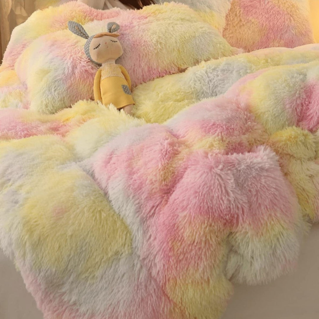 Close-up of the plush material used in the VibeCore Rainbow Fluffy Bedding Set in pastel yellow and pink gradient Ice Cream color, showcasing its ultra-soft texture for maximum comfort. The pastel Ice Cream color and plush fabric create a cozy, luxurious feel, perfect for transforming your bedroom or dorm into a dreamy, relaxing haven.