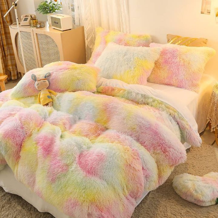 Alternative side view of the VibeCore Rainbow Fluffy Bedding Set in soft pastel pink and yellow gradient Ice Cream color, featuring the ultra-soft plush material that offers cozy comfort. The pastel Ice Cream color creates a fresh, playful aesthetic, perfect for adding a fun and luxurious touch to your bedroom or dorm decor.