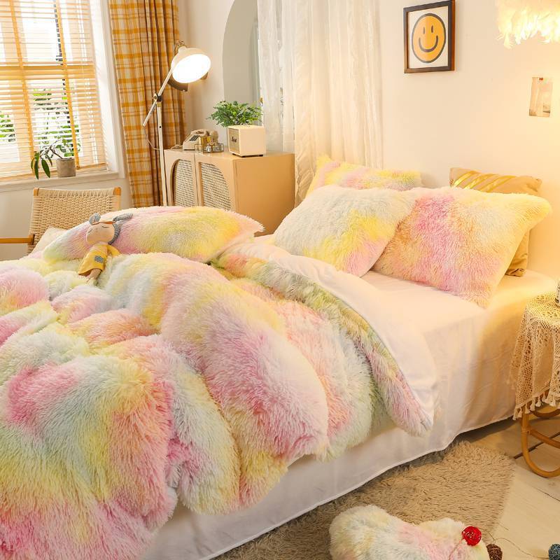 Side view of the VibeCore Rainbow Fluffy Bedding Set in soft pastel pink and yellow gradient Ice Cream color, showcasing the ultra-soft plush fabric and cozy, luxurious texture. The pastel Ice Cream color enhances your bedroom’s or dorm's vibe, offering both comfort and style for a playful, relaxing atmosphere.