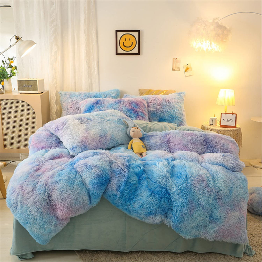 Aerial view of the VibeCore Rainbow Fluffy Bedding Set in blue Mystic colors, featuring ultra-soft, plush fabric for maximum comfort and warmth. This vibrant bedding set adds a playful, cozy touch to your bedroom, perfect for creating a cheerful and inviting atmosphere, especially in the winter.