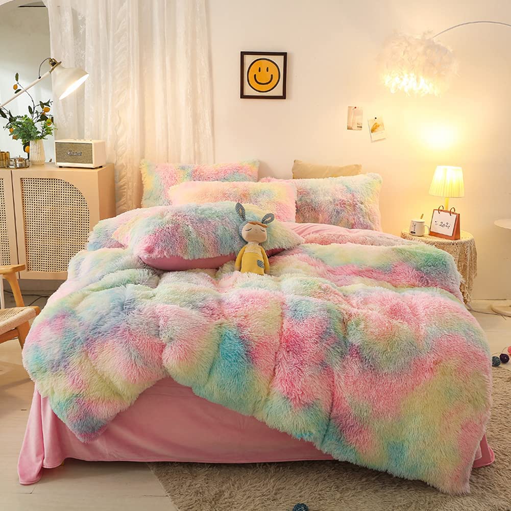 Aerial view of the VibeCore Rainbow Fluffy Bedding Set in rainbow colors, featuring ultra-soft, plush fabric for maximum comfort and warmth. This vibrant bedding set adds a playful, cozy touch to your bedroom, perfect for creating a cheerful and inviting atmosphere, especially in the winter.