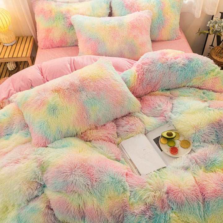 Close-up view of the VibeCore Rainbow Fluffy Bedding Set in rainbow colors, featuring ultra-soft plush fabric for a cozy, comfortable sleep experience. This vibrant bedding set adds a playful, colorful touch to your bedroom or dorm, creating a fun and energetic atmosphere.