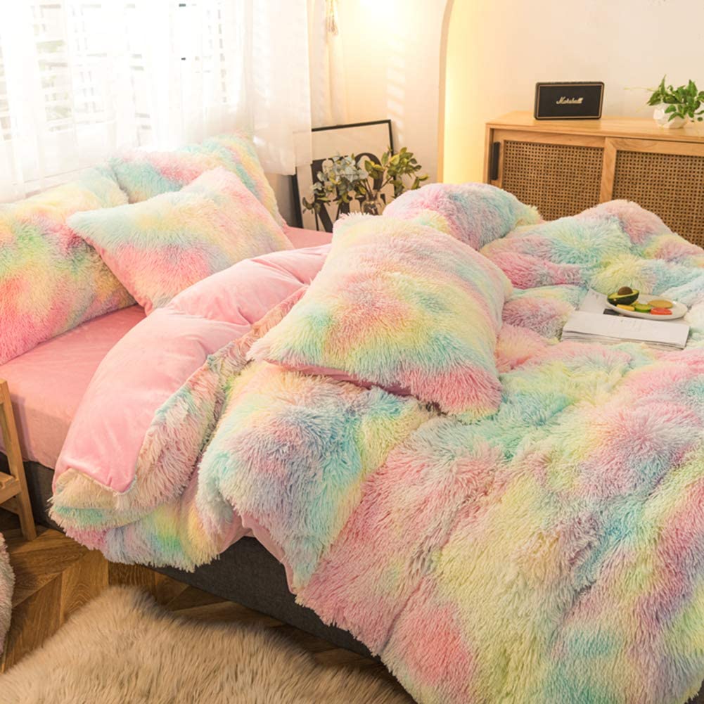 Full side close-up view of the VibeCore Rainbow Fluffy Bedding Set in rainbow colors, showcasing its ultra-soft plush fabric for an indulgent and cozy sleep experience. This vibrant bedding set adds a cheerful, colorful touch to your bedroom or dorm, perfect for creating a playful, warm, and energetic atmosphere.