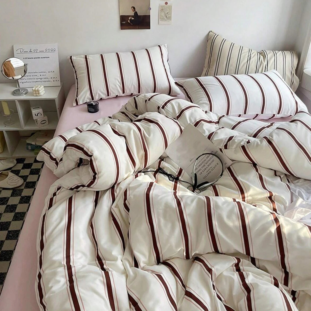 Alternative top view of the VibeCore Red Stripe Bedding Set, highlighting its bold red stripe pattern on a soft, breathable cotton-polyester blend. This stylish bedding creates a cozy and vibrant focal point for bedrooms or dorms, combining modern aesthetics with year-round comfort.