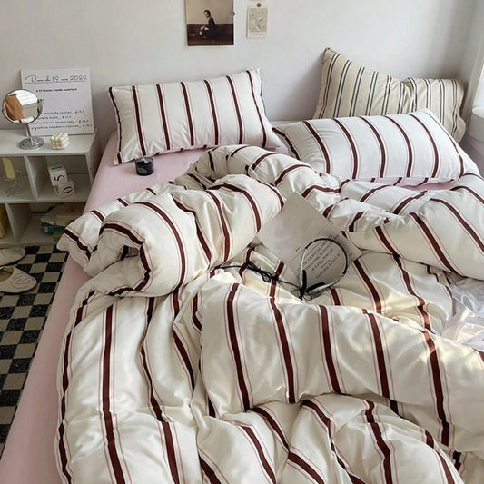Alternative top view of the VibeCore Red Stripe Bedding Set, highlighting its bold red stripe pattern on a soft, breathable cotton-polyester blend. This stylish bedding creates a cozy and vibrant focal point for bedrooms or dorms, combining modern aesthetics with year-round comfort.
