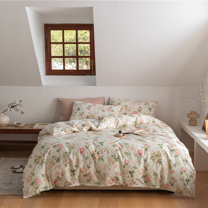 Aerial view of the VibeCore Aesthetic Romantic Roses Cottagecore Duvet Cover Set, featuring a delicate floral rose pattern on soft, breathable cotton fabric, perfect for adding a romantic and cozy touch to your cottagecore-inspired bedroom or dorm.