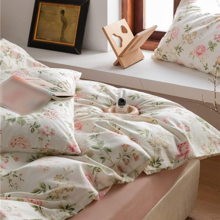 Close-up view of the VibeCore Aesthetic Romantic Roses Cottagecore Duvet Cover Set, highlighting the intricate vintage rose pattern on soft, breathable cotton, perfect for a cozy cottagecore-inspired bedroom or dorm.