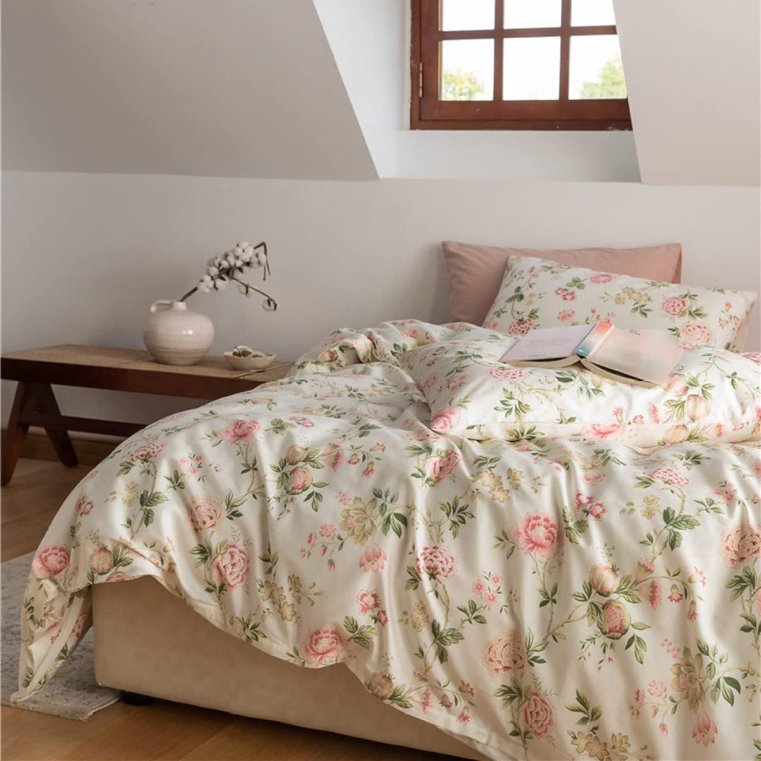Side front view of the VibeCore Aesthetic Romantic Roses Cottagecore Duvet Cover Set, showcasing the elegant floral rose design on soft cotton fabric, bringing a cozy, romantic touch to your cottagecore-inspired bedroom or dorm decor.