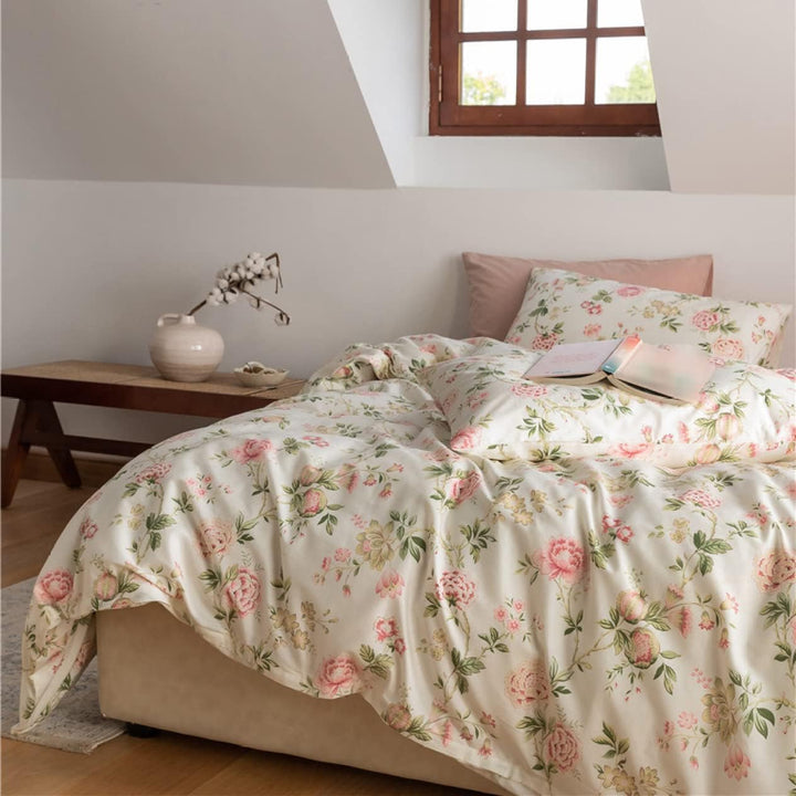 Side front view of the VibeCore Aesthetic Romantic Roses Cottagecore Duvet Cover Set, showcasing the elegant floral rose design on soft cotton fabric, bringing a cozy, romantic touch to your cottagecore-inspired bedroom or dorm decor.