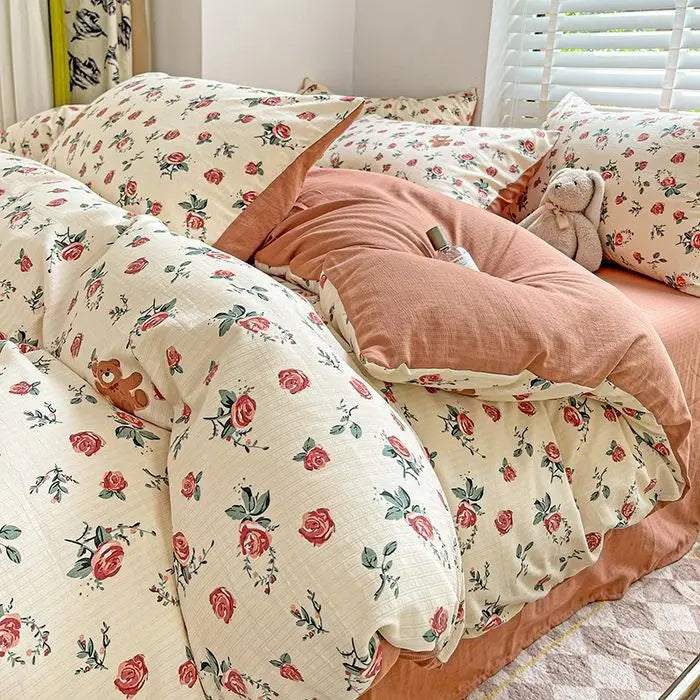 Close-up view of the VibeCore Aesthetic Rosy Bear Duvet Cover Set, highlighting the adorable rosy bear design and soft, pastel colors. Crafted from breathable, cozy fabric, this duvet set brings a playful and charming vibe to any bedroom or dorm.