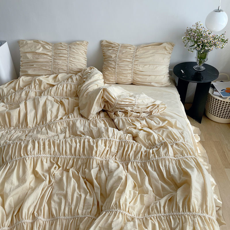 Full top view of the VibeCore Royal Pleated Bedding Set, showcasing the elegant pleated design and luxurious cotton fabric that create a chic, cozy vibe for any bedroom or dorm.