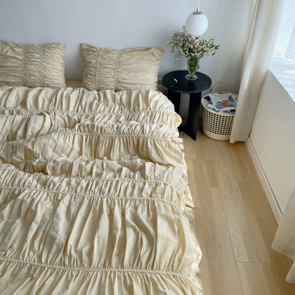 Top right view of the VibeCore Royal Pleated Bedding Set, highlighting the intricate pleated details and soft cotton fabric that provide a timeless, elegant touch to your bedroom or dorm decor.