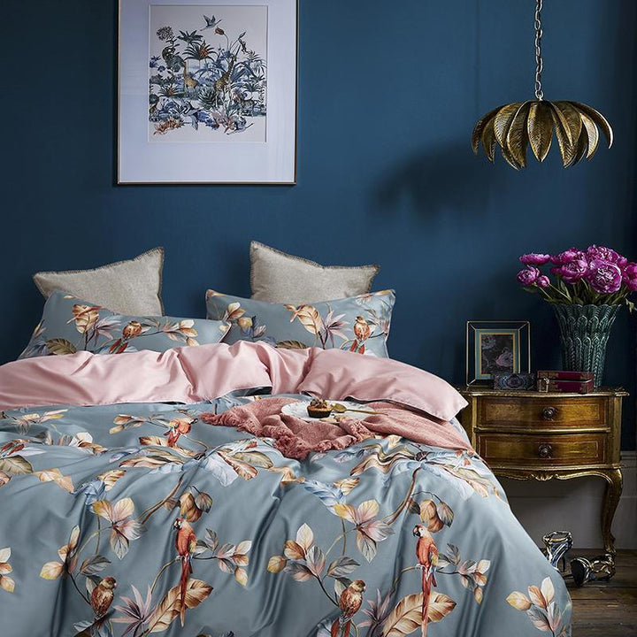 Front right view of the VibeCore Aesthetic Satin Flower Language Duvet Cover, showcasing its luxurious satin finish and delicate floral pattern. The soft, silky fabric adds an elegant and sophisticated touch to any bedroom or dorm, creating a cozy yet refined atmosphere.