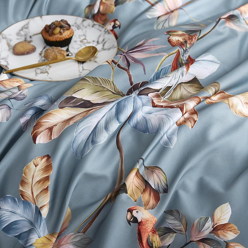 Close-up of the side pattern on the VibeCore Aesthetic Satin Flower Language Duvet Cover, highlighting the delicate floral design on a luxurious satin fabric. The smooth, silky texture and intricate pattern bring an elegant, sophisticated vibe to any bedroom or dorm.