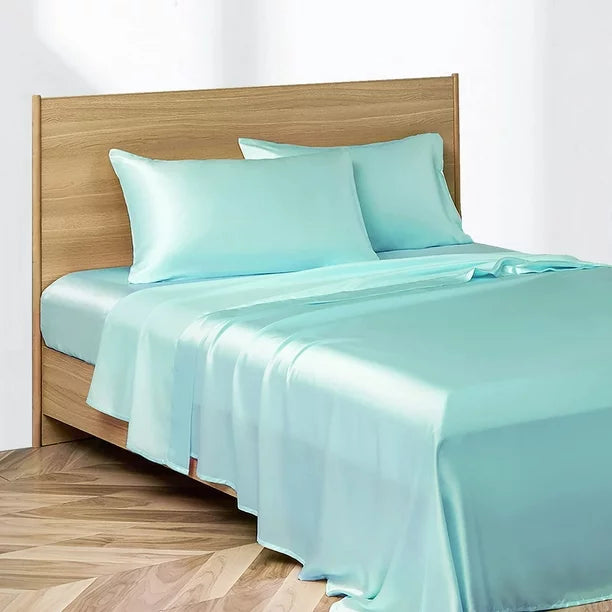 VibeCore Aesthetic Sleek Satin Duvet Cover Set in aqua, side aerial view, showcasing the smooth satin texture and elegant design for a luxurious bedroom or dorm look.
