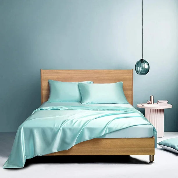 Front view of the VibeCore Aesthetic Sleek Satin Duvet Cover Set in aqua, highlighting its luxurious satin finish and rich color, perfect for adding sophistication to any bedroom or dorm.

