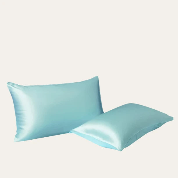VibeCore Aesthetic Sleek Satin Duvet Cover Set aqua pillowcases, designed with a smooth, luxurious satin finish to add elegance and comfort to your bedroom or dorm decor.
