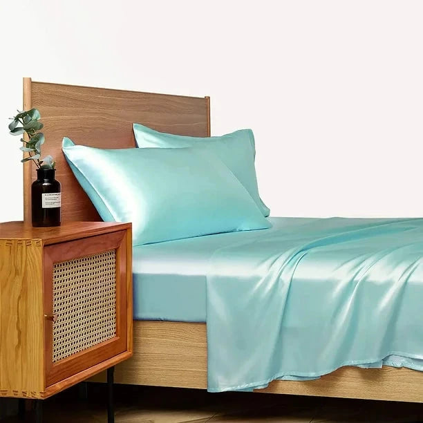 VibeCore Aesthetic Sleek Satin Duvet Cover Set in aqua, side view, highlighting the rich satin fabric and smooth texture, adding a touch of elegance to your bedroom or dorm.