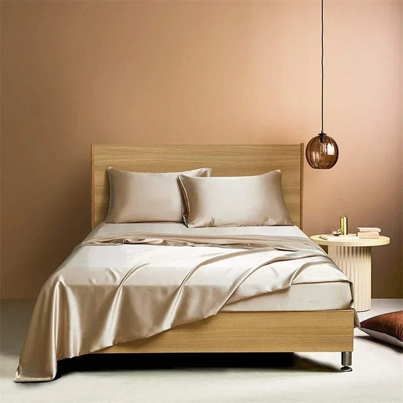 Front view of the VibeCore Aesthetic Sleek Satin Duvet Cover Set in beige, highlighting its luxurious satin finish and rich color, perfect for adding sophistication to any bedroom or dorm.
