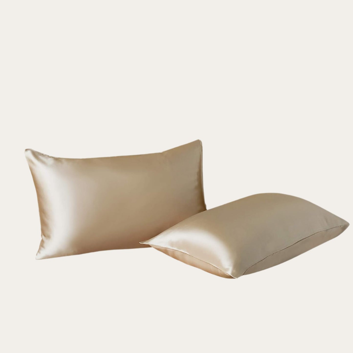 VibeCore Aesthetic Sleek Satin Duvet Cover Set beige pillowcases, designed with a smooth, luxurious satin finish to add elegance and comfort to your bedroom or dorm decor.
