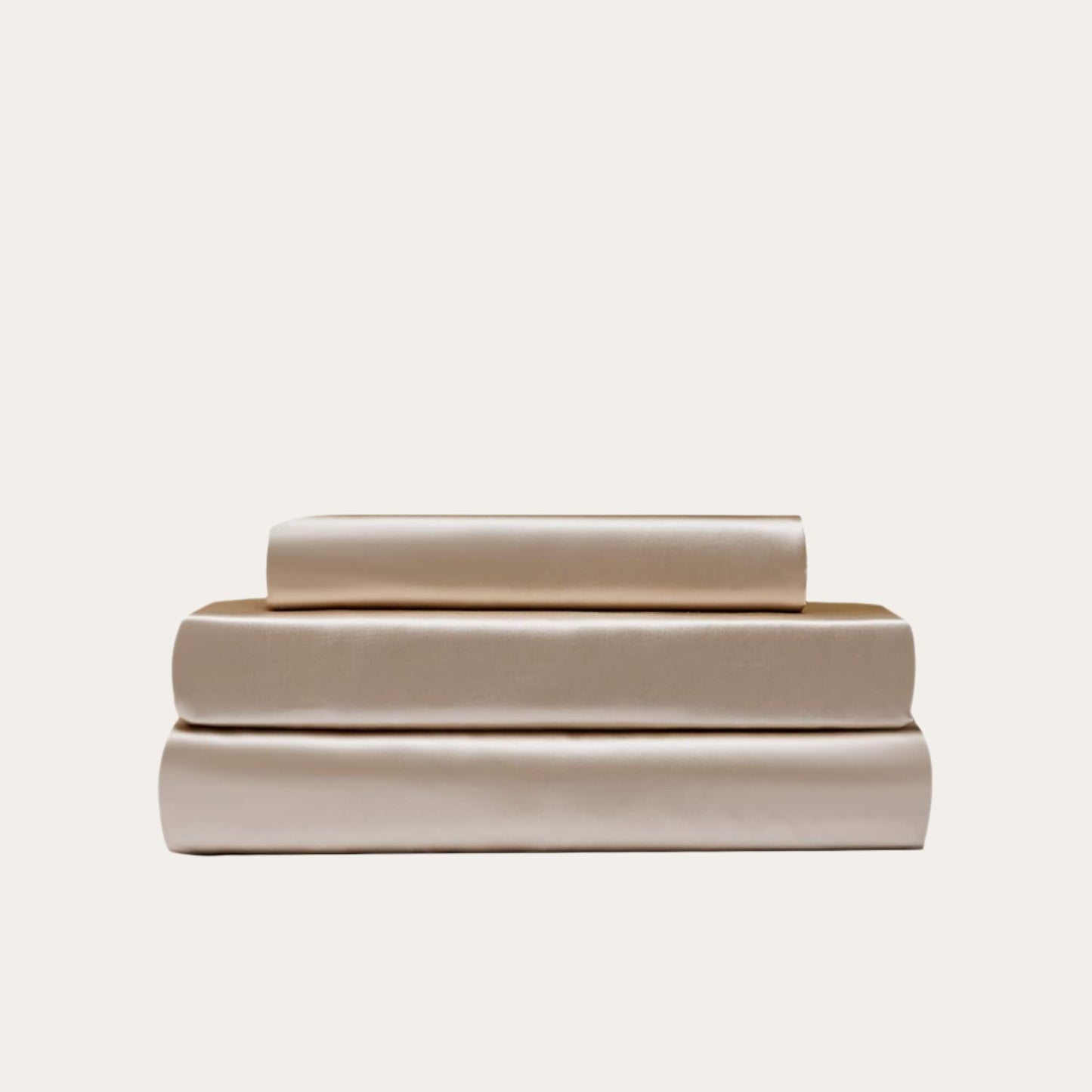 VibeCore Aesthetic Sleek Satin Duvet Cover Set in beige, showcasing the complete sheet package including duvet cover, flat sheet, and pillowcases, designed for a luxurious and smooth bedroom and dorm experience.
