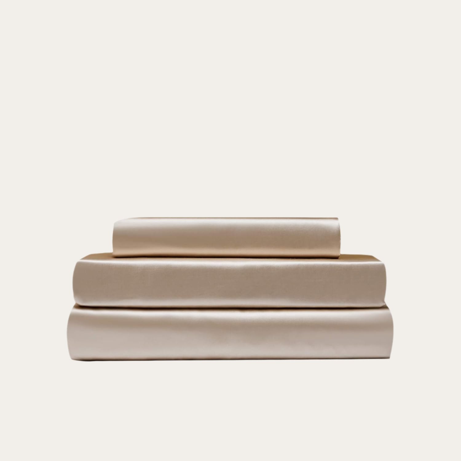 VibeCore Aesthetic Sleek Satin Duvet Cover Set in beige, showcasing the complete sheet package including duvet cover, flat sheet, and pillowcases, designed for a luxurious and smooth bedroom and dorm experience.
